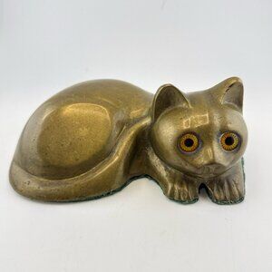 Vintage Brass Cat Kitty Figurine Crouch MCM Egyptian Orange Eyes Sculpture 726g